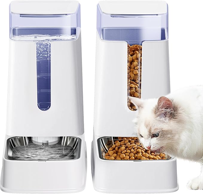 Automatic Cat Feeder and Cat Water Dispenser Set with Stainless Steel Bowls Gravity Dog Feeder for Small Medium Big Dog Pets Puppy Kitten, 3.8L x 2