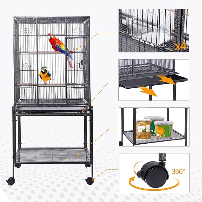 HSM 53 Inch Wrought Iron Large Bird Flight Cage with Rolling Stand for African Grey Parrot Cockatiel Sun Parakeet Conure Lovebird Canary
