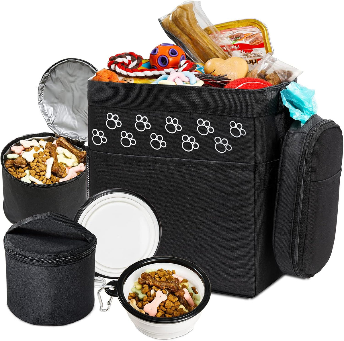 Dog Travel Bag - Airline Approved, 2 Food Containers, 2 Bowls, Treat Pouch & Accessories