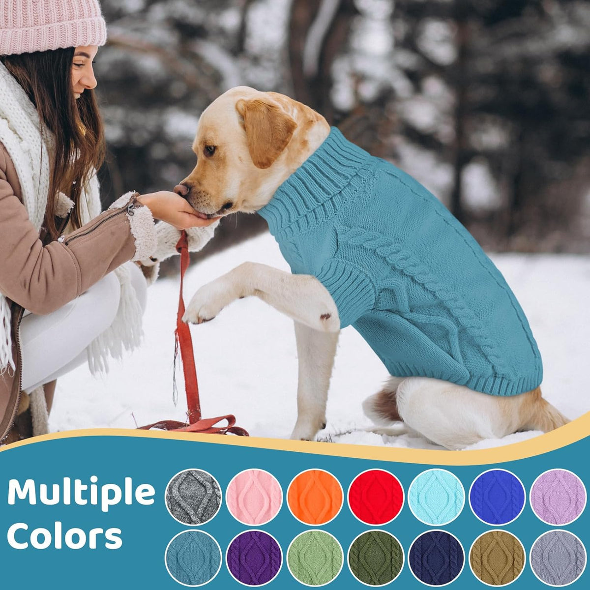 Queenmore Small Dog Pullover Sweater, Cold Weather Cable Knitwear, Classic Turtleneck Thick Warm Clothes for Chihuahua, Bulldog, Dachshund, Pug (Peacock Blue, X-Large)