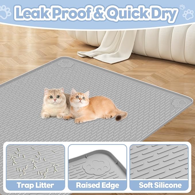 Cat Litter Mat, Extra Large 40" x 28" Silicone Mat Litter Trapping Mat for Scatter Control, Soft on Kitty Paws, Easy to Clean (Gray)