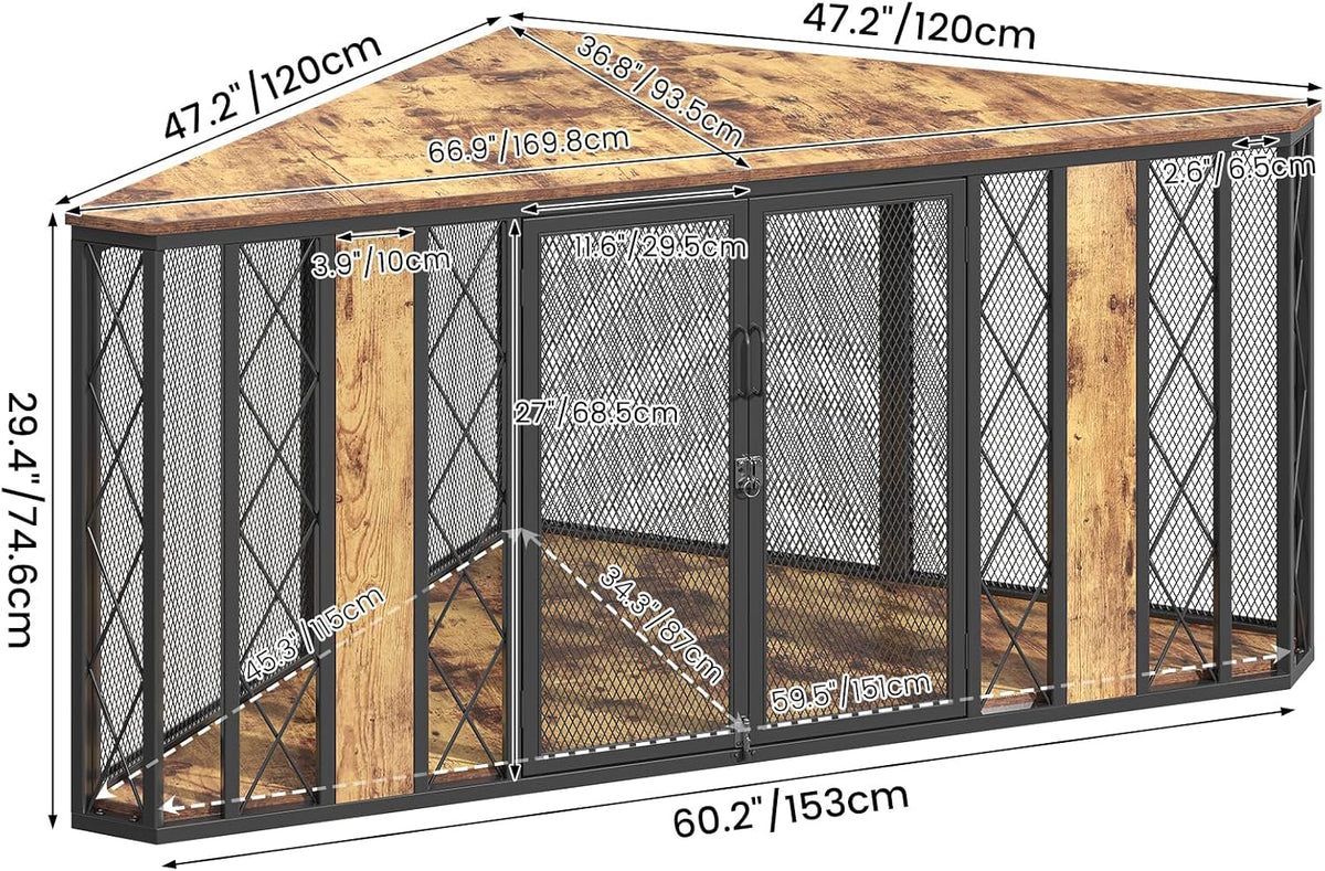 XL Corner Dog Crate Furniture, Decorative Dog Crates Dog Cage TV Stand with Diamond Metal Decoration, Wooden Dog Crate with Double Lock Design, Dog Crates Table, Retro Brown