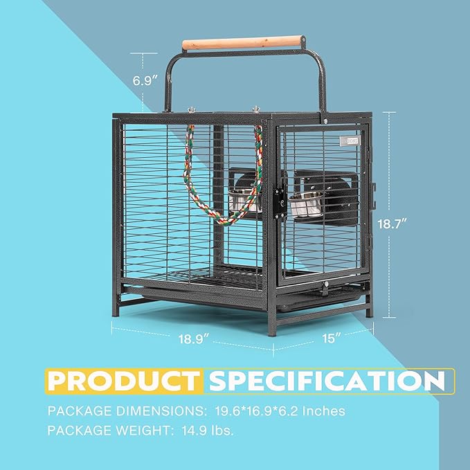 VIVOHOME 19 Inch Wrought Iron Bird Travel Carrier Cage for Parrots Conures Lovebird Cockatiel Parakeets Black