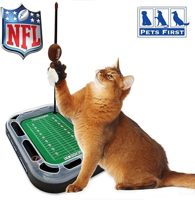 Pets First CAT BALL BELL TOY New England Patriots Football Field CAT Scratcher Toy with Catnip Filled Plush Football Toy&Feather Cat Toy Hanging,&Jingle Bell Interactive Ball Chasing 5-in-1 Kitty Toy