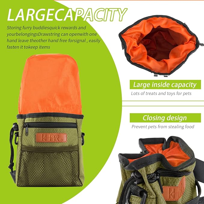 Dog Treat Training Pouch Easily Carries Pet Toys Kibble, Treats Built-in Poop Bag Dispenser 3 Ways to Wear Comes with a Foldable Silicone Bowl(Army Green)