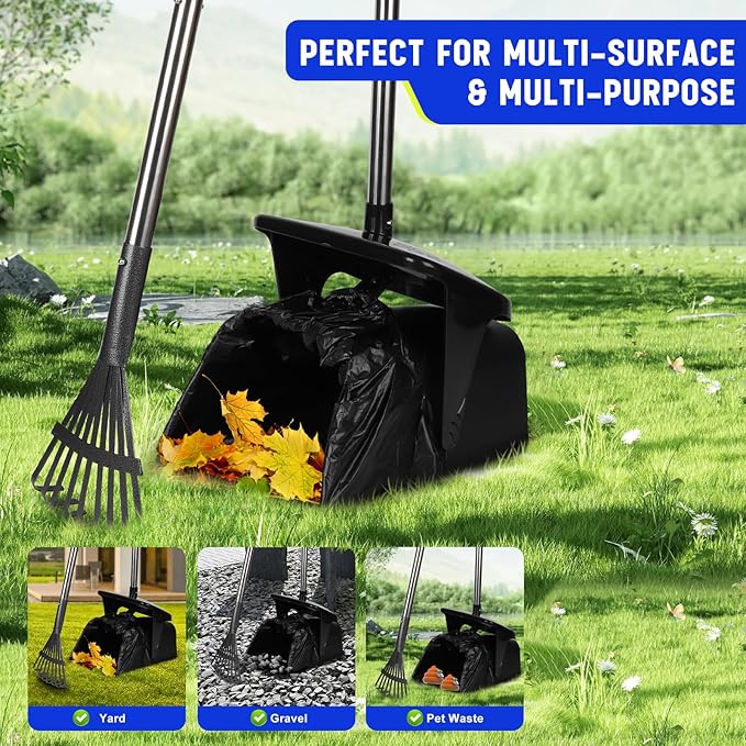Dog Pooper Scooper with 20 Bag Attachment Long Handle Swivel Bin, Rake Heavy Duty Pooper Scooper for Large Medium Dogs Easy to Clean Poop Scooper for Yard, Grass, Gravel