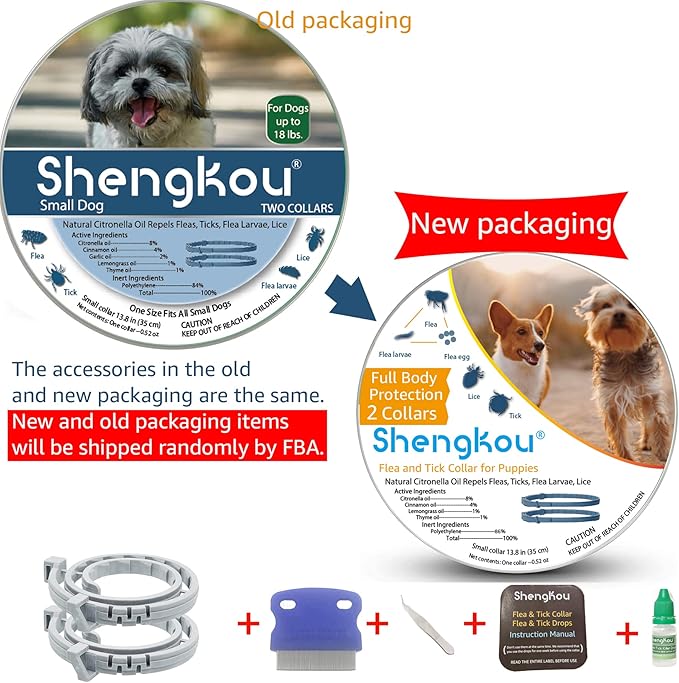 Flea and Tick Collar for Small Dog, Made with Natural Plant Based Essential Oil, Safe and Waterproof, Free Comb and Prevention Treatment Drop, 2x6 Month, 13.8 in (2 Packs)
