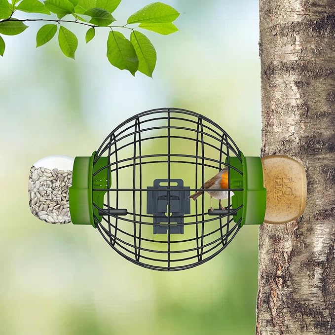 LONA Squirrel Proof Bird Feeding Cage for Outdoors - All-Weather Metal Caged Bird Feeders with Peanut Butter Jar Holder, Chew-Proof Feeding Cage for Small Birds (Round Cage, 2 Feeding Units)