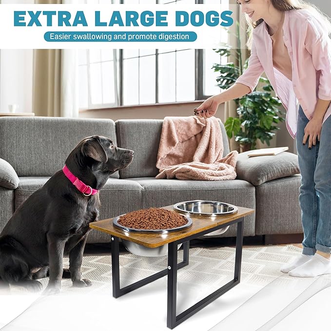 Elevated Dog Bowls for Large & Extra Large Breed Dogs - Raised Dog Feeding Station with Two Stainless Steel Bowls - Helps to Reduce Strain on Dog’s Neck & Joints - 3500 ML Capacity