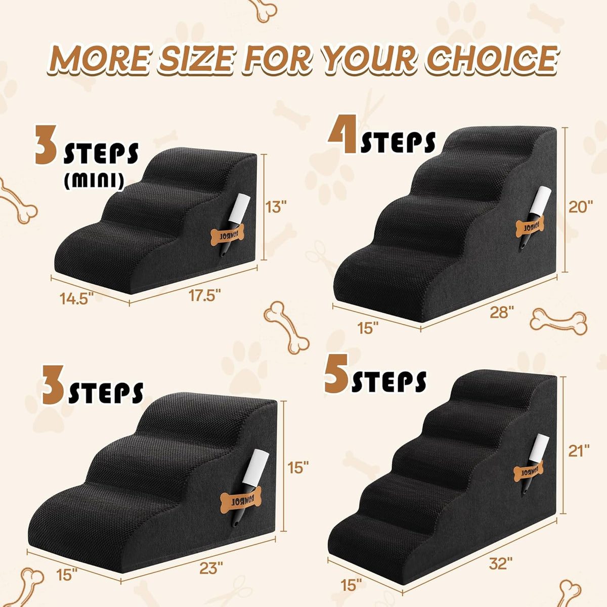 Dog Stairs, Romrol Dog Steps Ramp for High Bed and Couch, Dogs Ramp with Durable Non-Slip Waterproof Fabric Cover, Pet Stairs for Small Dogs and Cats or Pets Joints, 4-TiersBlack