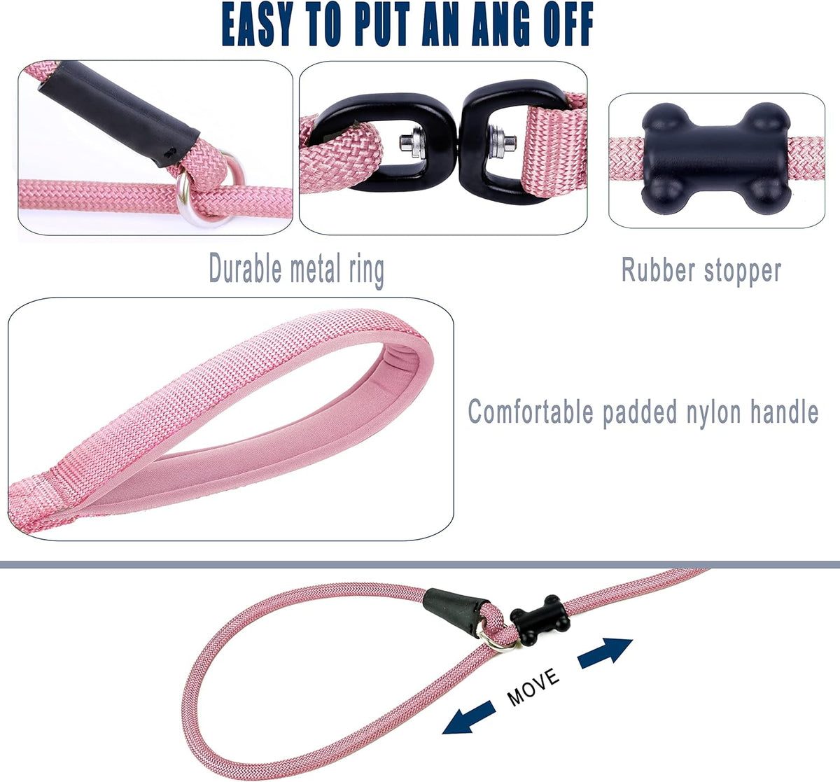 Slip Lead Dog Leash，Strong Nylon Rope Leash and Padded Handle,No Pull Outdoor Walking Training Lead for Small Medium Large Dogs(Pink, 1/2"×6ft)