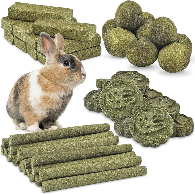ERKOON 50Pcs Bunny Chew Toys, 100% Natural Timothy Hay Biscuit&Treats Sticks, Chew Toy for Teeth for Rabbit Chinchilla Guinea Pig Hamster Gerbil Squirrel, 17oz