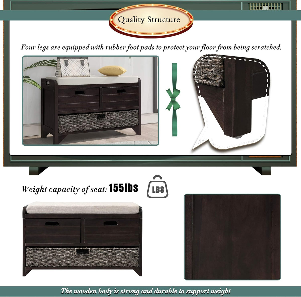 Storage Bench with Removable Basket 2 Drawers Fully Assembled Acacia Wood Shoe Bench Standing Shoe Rack Removable Cushion for Living Room, Entrance Hallway, No Assembly Required Espresso