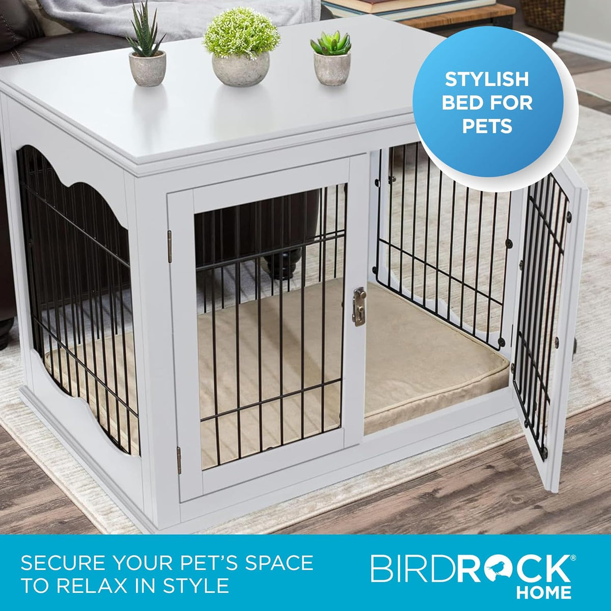 INTERNET'S BEST Decorative Dog Kennel with Pet Bed, Small Pet House, Double Door Indoor Crate, Engineered Wood & Wire Furniture, Side Table & Nightstand, Fits Small Dogs - White
