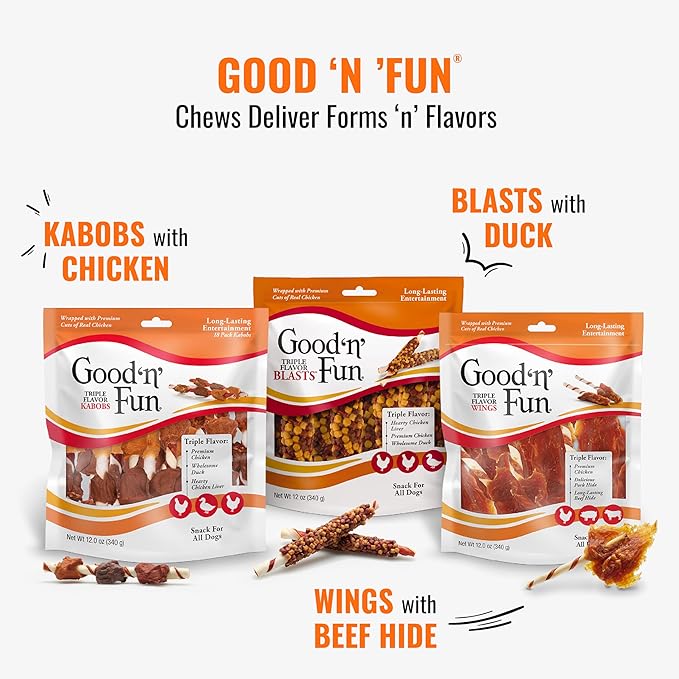 Good ‘n’ Fun Triple Flavor Kabobs Chews for All Dogs, 24 Ounces, Treat Your Dog to Chews Made from Beef Hide, Real Chicken, Pork Hide, Duck and Chicken Liver