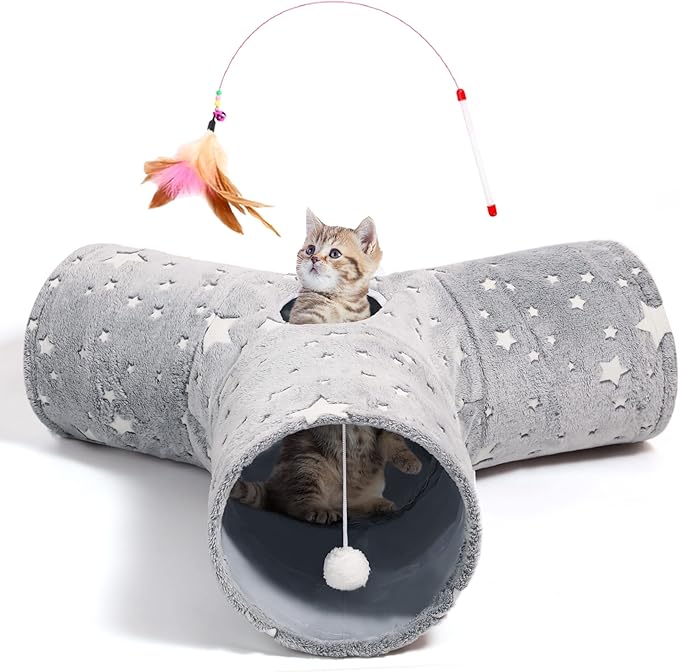 Tempcore Pet Cat Tunnel Tube Cat Toy 3 Way Collapsible, Cat Tunnels for Indoor Cats Self-Luminous Photoluminescence，Kitty Tunnel Bored Cat Pet Toys Peek Hole Toy Ball Cat, Puppy, Kitty, Kitten, Rabbit