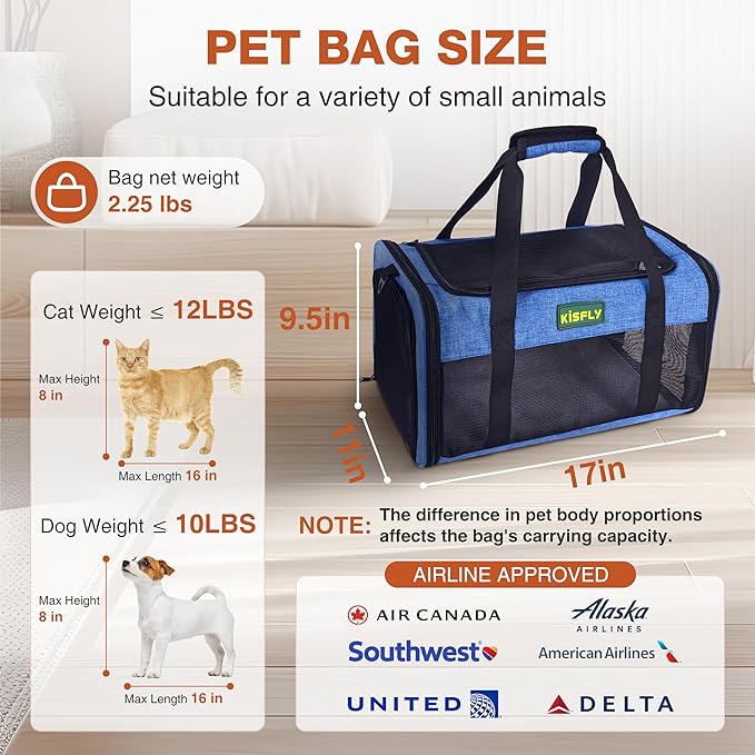 TSA Approved Pet Carrier in Cabin, 17"x11"x9.5" Soft Cat Carriers for Small Cats up to 12 lb, Top-Open Portable Dog Carrier with Litter Box and Anti-Scratch Mesh for Puppy up to 10 lb, Blue