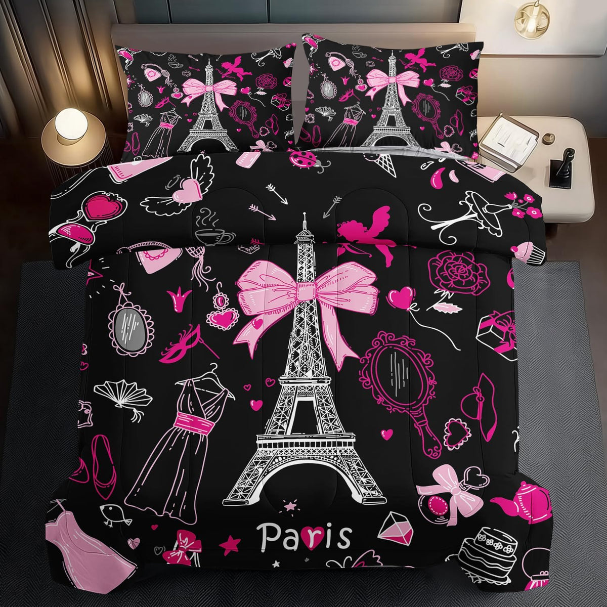 Eiffel Tower Comforter Set King Size,Eiffel Tower Bedding Set for Girls, Pink and Black Paris Themed Comforter Bedroom Decor,Paris Quilt French Style Romantic Bedding