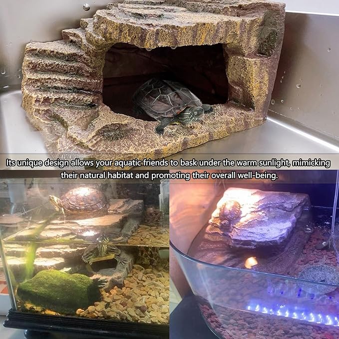 kathson Turtles Basking Platform Tortoise Resting Terrace Climbing Ramp Resin Dock Tank Decorations Reptile Hiding Cave Hideouts for Aquatic Turtles, Frog, Newts and Salamanders，Large