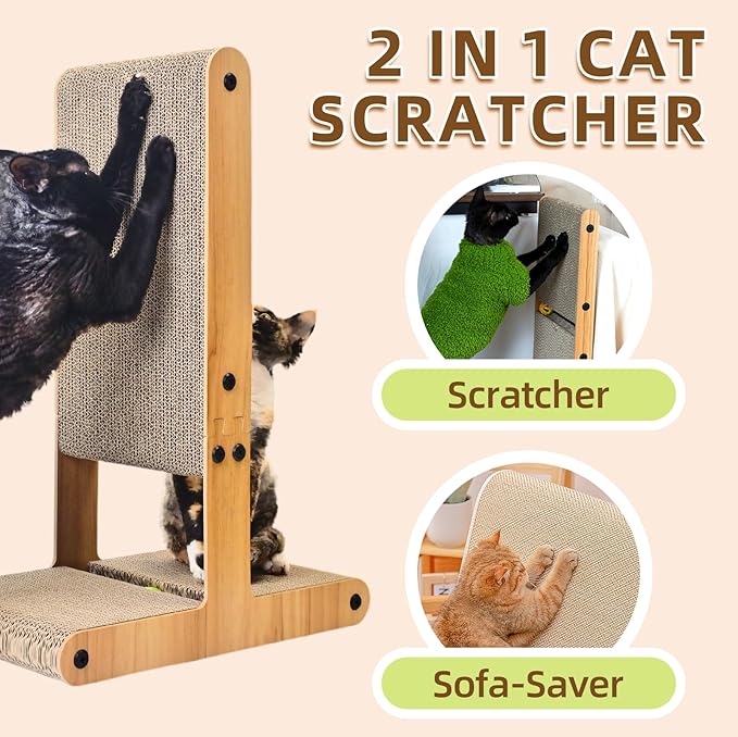 Nekosan T-Shaped Cat Scratcher for Indoor Cats, Double-Sided Furniture Protector, 23.6x16.9x9.6 Inch Large, Cardboard With Ball Toy