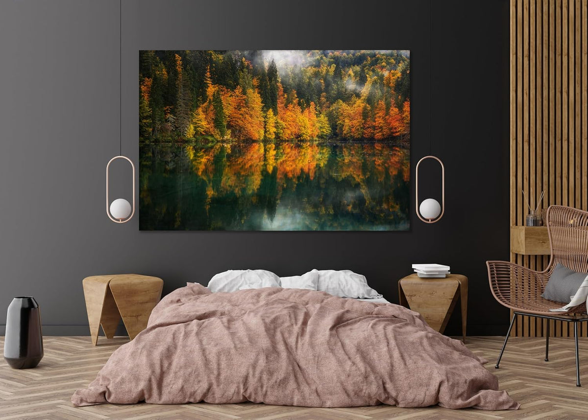 Nature Wall Art Prints - Ocean Forest Mountain Lake Canvas Landscapes - Small to Extra Large Living Room Bedroom Kitchen Bathroom Décor (Autumn by the Lake, 31L" x 47W")