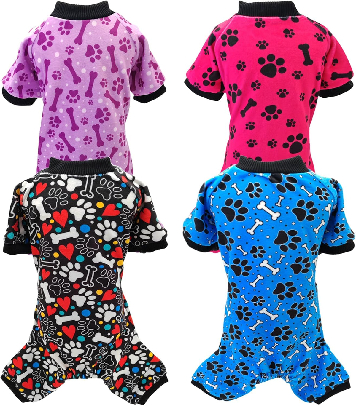 PET SHOW 4 Pack Small Dog Pajamas Paw Bone Patterns Cute Clothes for Medium Dogs Soft Fleece Stretchy PJs 4 Legged Jumpsuit Puppy Cats Onesies Outfits with Sleeve Dachshund Doggies Girl Boy (Small)