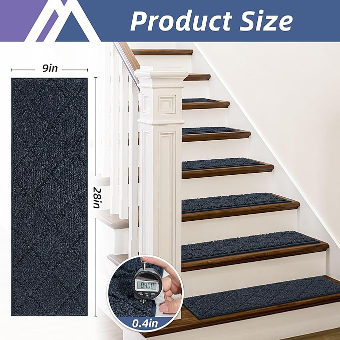 COSY HOMEER Edging Stair Treads Non-Slip Carpet Mat 28inX9in Indoor Stair Runners for Wooden Steps, Edging Stair Rugs for Kids and Dogs, 100% Polyester TPE Backing (7pc, Navy)