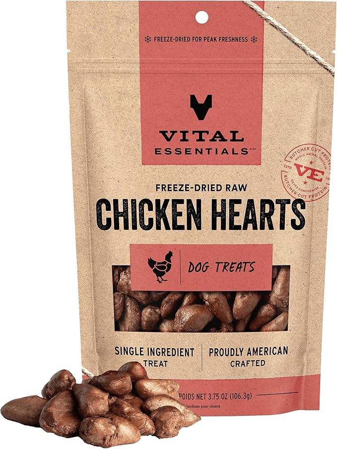 Vital Essentials Single Ingredient Chicken Hearts Dog Treats, 3.75 oz | Freeze-Dried Raw | Premium Quality High Protein Training Treats | Grain Free, Gluten Free, Filler Free