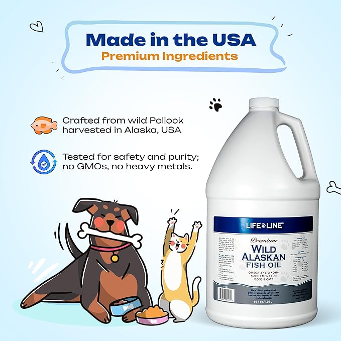 Life Line Pet Nutrition Wild Alaskan Fish Oil for Dogs and Cats 66oz – Omega 3 Fish Oil Supplement for Skin & Coat – Supports Brain, Eye & Heart Health in Dogs & Cats