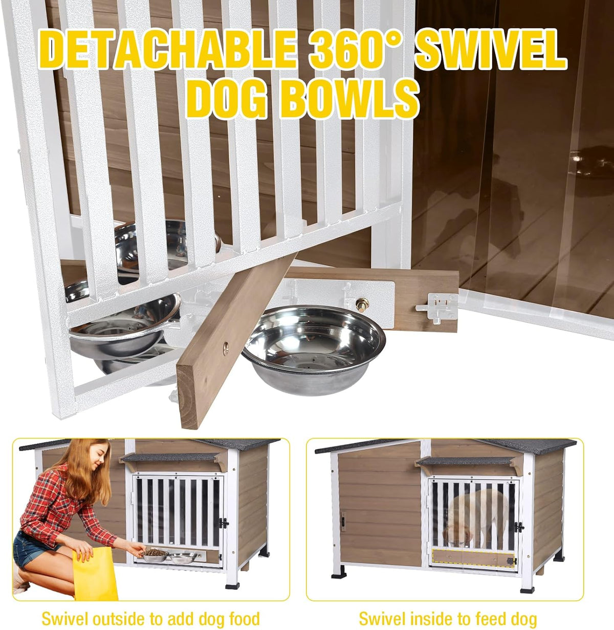 Chew-Resistant Dog House with Metal Frame, Wooden Kennel for Indoor & Outdoor Use, Waterproof Roof & Feeding Bowls Included (Brown, L)