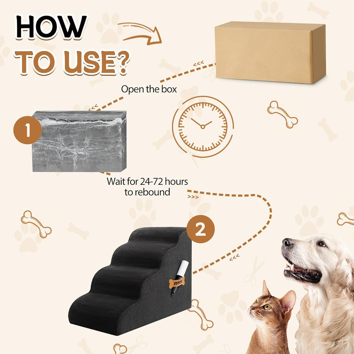 Dog Stairs, Romrol Dog Steps Ramp for High Bed and Couch, Dogs Ramp with Durable Non-Slip Waterproof Fabric Cover, Pet Stairs for Small Dogs and Cats or Pets Joints, 4-TiersBlack