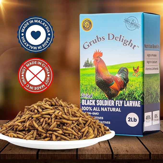 2LB Dried Black Soldier Fly Larvae for Chickens – 85x More Calcium Than Mealworms, for Chickens and Birds, 100% Natural Non-GMO Chicken Worms Treats, High Protein & Calcium Poultry Feed