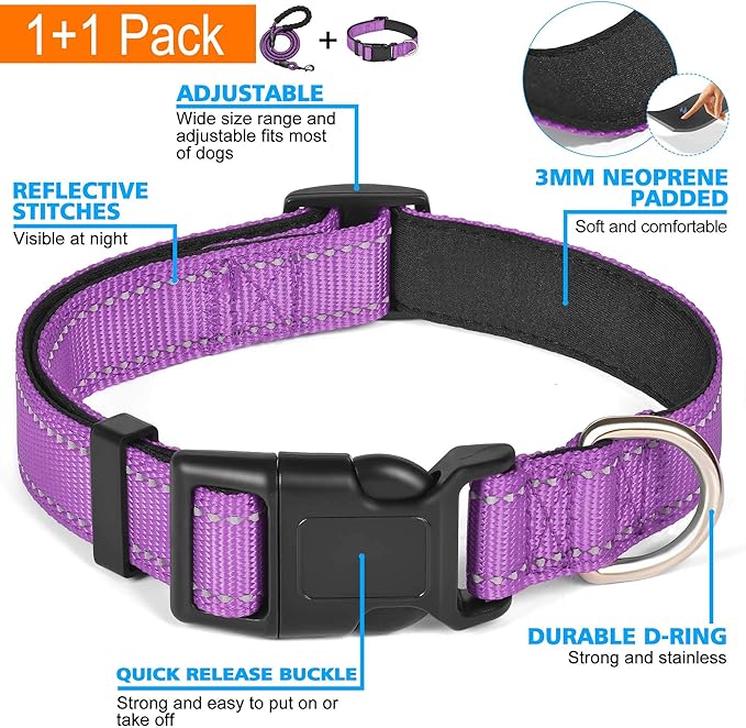 Reflective Dog Collar Padded with Soft Neoprene Breathable Adjustable Nylon Dog Collars for Small Medium Large Dogs (Large (Pack of 1), Purple Collar+Leash)