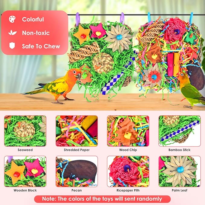 KATUMO Bird Toys - Parrot Grass Mat Foraging Wall Toys Shredder for Cockatiel, Conure, Lovebird, Budgie, Parakeet - Small Medium Birds