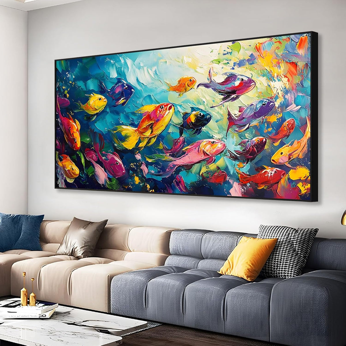 School of Fish Printed Canvas Wall Art – Framed Abstract Ocean Print – Vibrant Fish Wall Decor for Living Room, Bedroom, Office (Black Framed, 62"x31"|160x80cm)