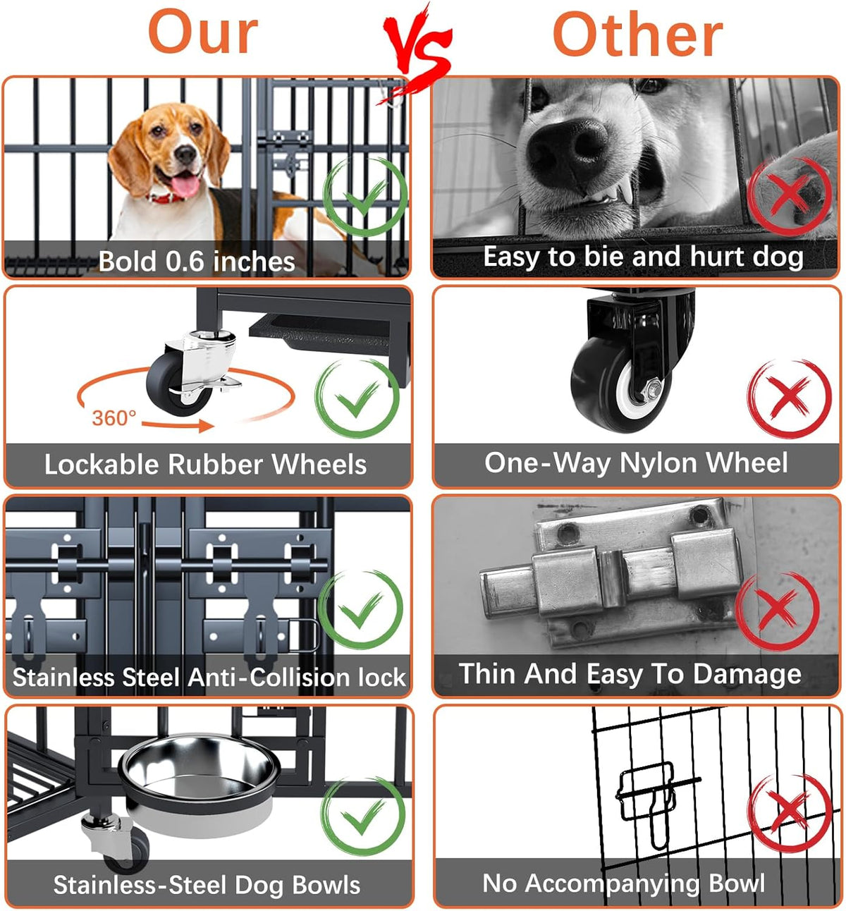aboxoo 42/48 inch Heavy Duty Metal Dog Crate for 2 Dogs/Large Dog,All Metal Open Top Stackable,Dog Kennel Indoor with Wheels,Floor Grid, Tray, Divider and Feeding Bowl