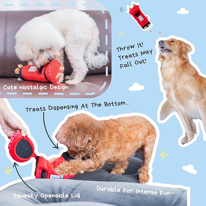 British Postbox Treat-Dispensing Soft Plush Squeaky Pet Toy - Iconic UK Enrichment Gift, Durable Cute & Fun Toy for Interactive Play, Hide Food for Nose-Work Puzzle, Small Medium Dogs