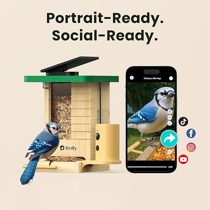 Birdfy Smart Bird Feeder with Camera Solar Powered, Slow-Motion Video & Night Insight, AI Identify 6000+ Species Lifetime Free, Ideal for Outdoors Bird Watching & Gifts for BirdLovers, Wood
