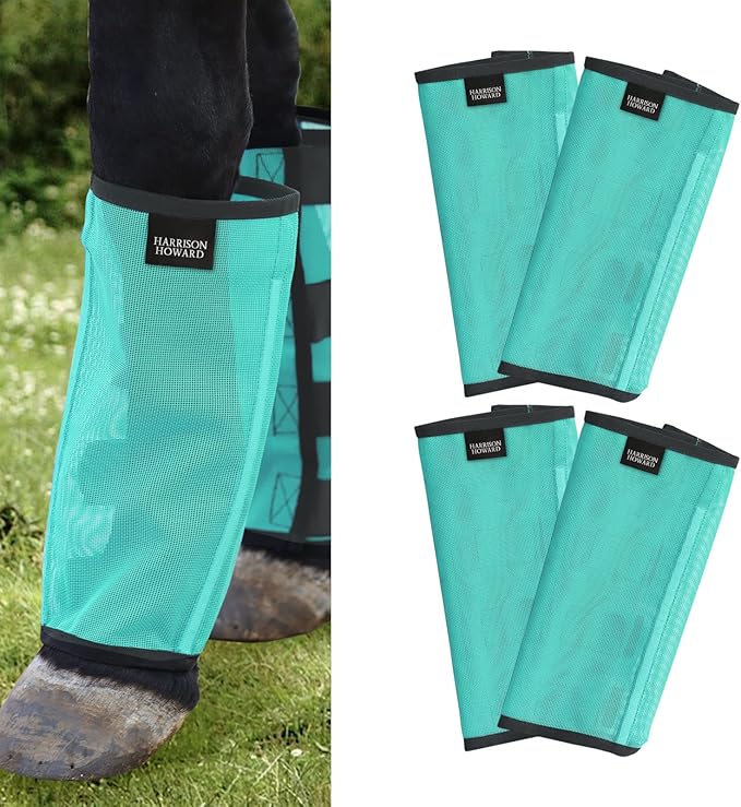 Harrison Howard Loose Fitting Fly Boots UV-Protective Extra Tough Mesh Ventilated Four Fasteners Stay-on Design Protect Horse Legs & Stomp-Reducing Set of 4 Mint Pony