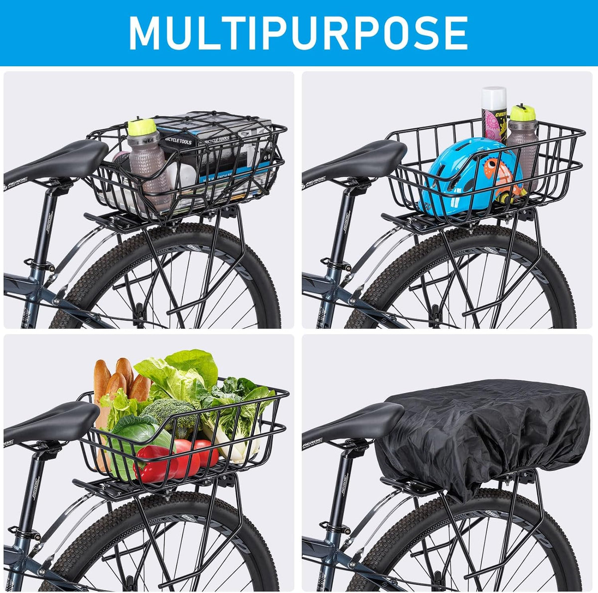CXWXC Rear Bike Basket - Bicycle Rear Basket with Cargo Net and Waterproof Cover - Rear Mount Aluminium Bike Basket Large Capacity