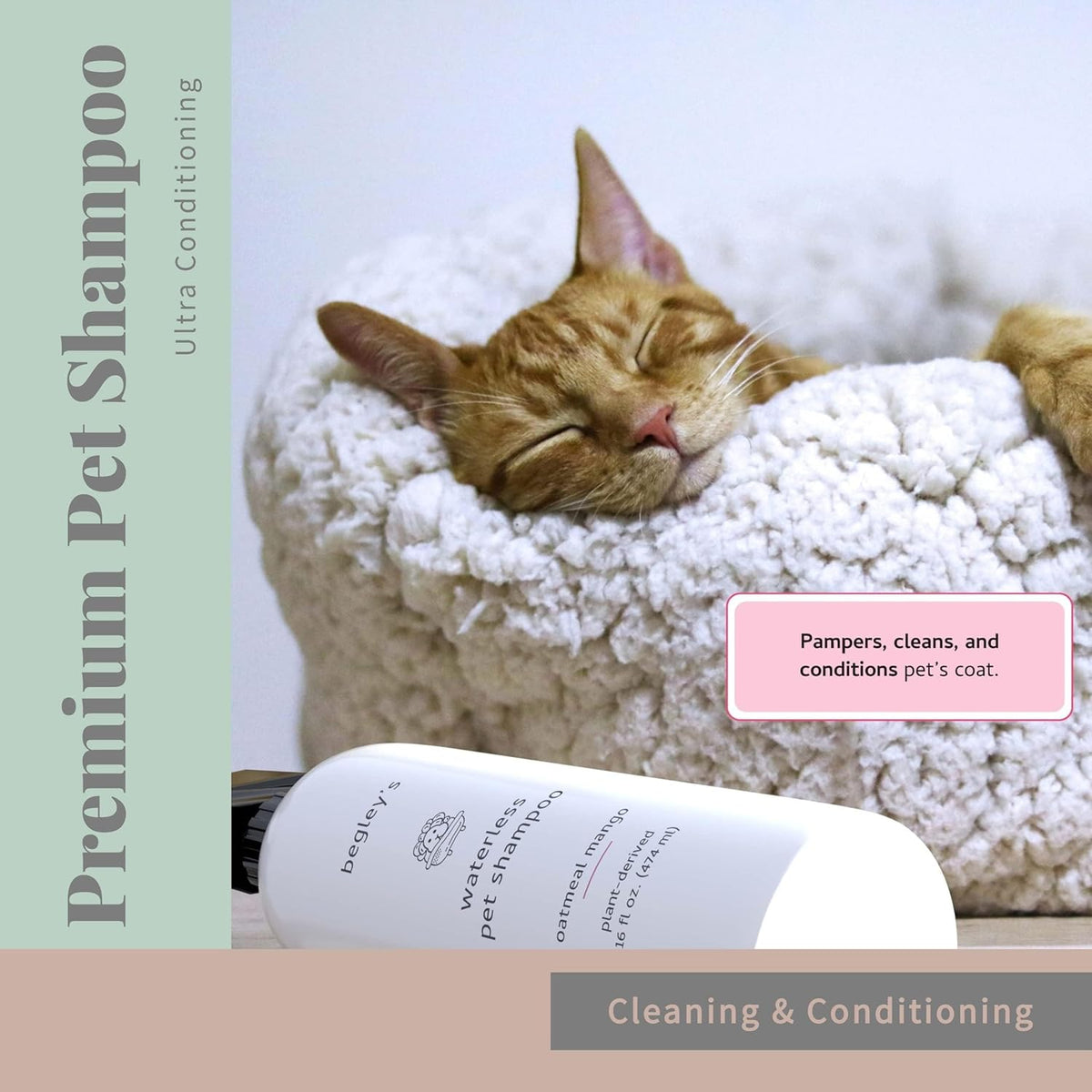 Begley's No Rinse Waterless Pet Shampoo, Bathless Cleaning, Deodorizing, and Odor Removal for a Shiny, Fresh Smelling Coat - Effective for Dogs, Puppies, and Cats - Fresh Tea Tree Scent
