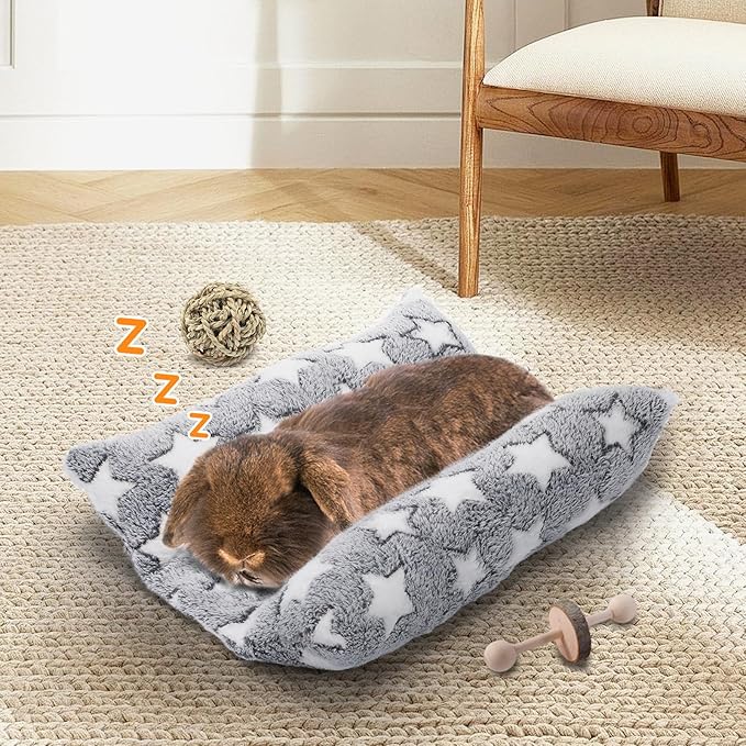 MEWTOGO 15.7 x 14In Rabbit Bed - Thickened Soft Bunny Concave Bed, Cuddle Cushion Plush Mat with Cotton Lounger Pillows for Cage Sleeping Indoor Bunny Gifts, Gray-Star