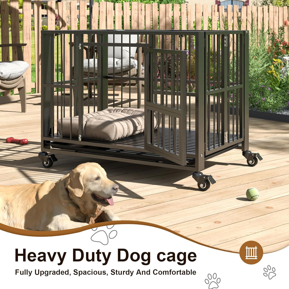 Polar Aurora Heavy Duty Dog Crate, Foldable Indestructible Dog Kennel, Escape Proof Extra Large Dog Cage with Lockable Wheels, High Anxiety Pet Playpen with Double Door for Indoor/Outdoor Use. (38in)