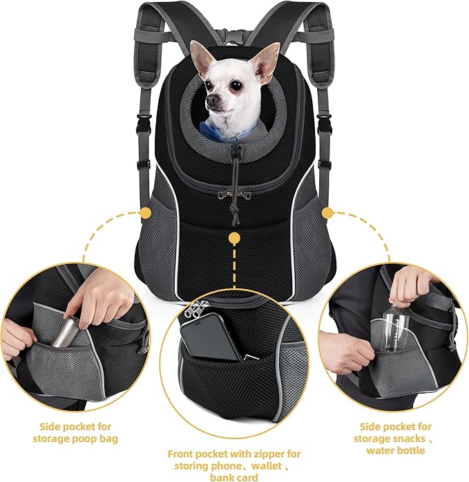 WOYYHO Pet Dog Carrier Backpack Small Dog Front Backpack Ventilated Dog Carrier Back Pack with Storage Pockets, Adjustable Straps & Safety Belt for Travel Hiking Outdoor (Size M: 5-9 lbs, Black)
