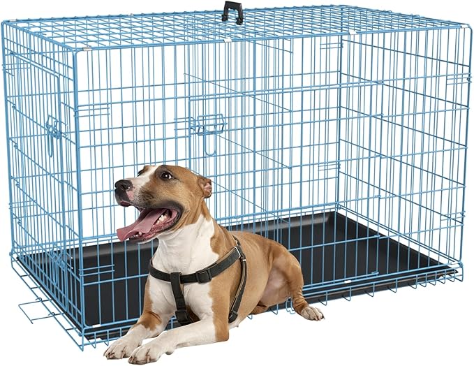 FDW Dog Crate for Medium Dogs 36 Inch Folding Metal WirePet Cage Double Door W/Divider Panel Indoor Outdoor Kennel Leak-Proof Plastic Tray,Blue