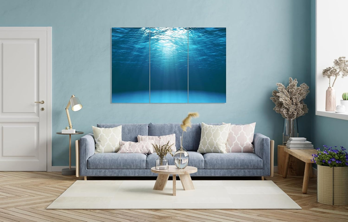 Nature Wall Art Prints - Ocean Forest Mountain Lake Canvas Landscapes - Small to Extra Large Living Room Bedroom Kitchen Bathroom Décor (Sun Rays Under Water, 31L" x 47W" - 3 Panels)