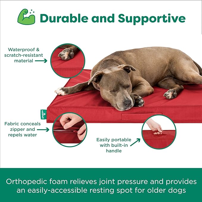 FurHaven Cooling Dog Bed – Large Foam Mattress for Joint Pain Relief, Waterproof Liner, Removable Washable Cover, Durable for Outdoor Use, Deluxe Grid Indoor/Outdoor Bed – Red, Large