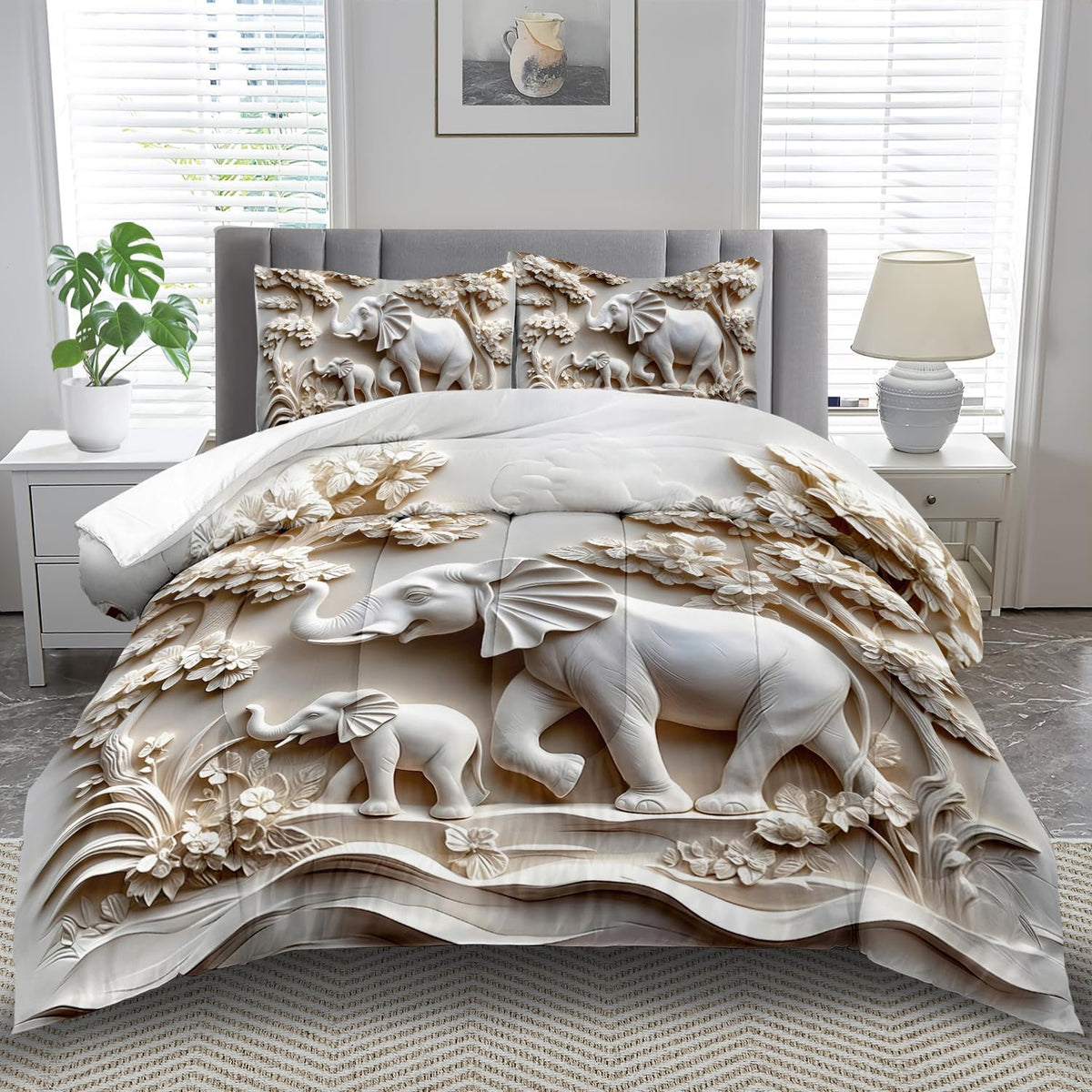Elephant Comforter Set Twin Adult, White Animal Bedding Set Twin for Man, Cute Animal Comforter for Kids,Elephant Quilt Pattern White Bedroom Decor Womens, Relief Bedding