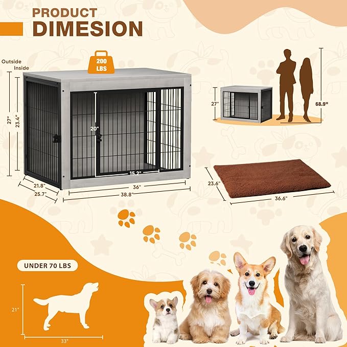 Bigrab Dog Crate Furinture with Thick Cushion, Side End Table Wooden Dog Cage with Double Doors, Chew-Resistant Dog Kennel Dog House Indoor for Small to Large Dog, L (Grey)