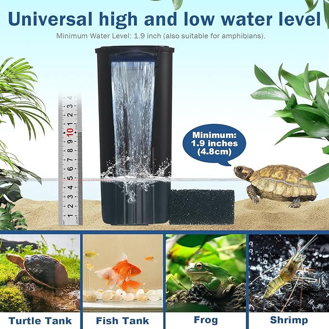 Turtle Tank Filter Aquarium Internal Filter for 3 to 20 Gallon Fish Tank, Bio-Filtration Low Water Level Small Power Canister Filter, Frog Shrimp Newt Betta Water Clean, Hang On Back Waterfall Quiet